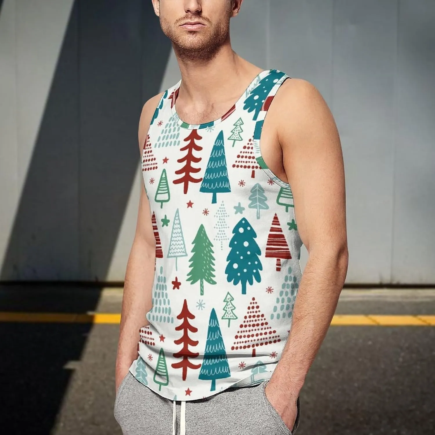 Christmas Tree Men's Tank Tops Summer Sleeveless T-Shirts Gym Workout Tee Casual Beach Tee