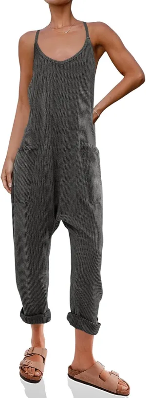 Cicy Bell Women's Casual Sleeveless Waffle Jumpsuits Loose Knit Spaghetti Strap Romper Long Pants with Pockets