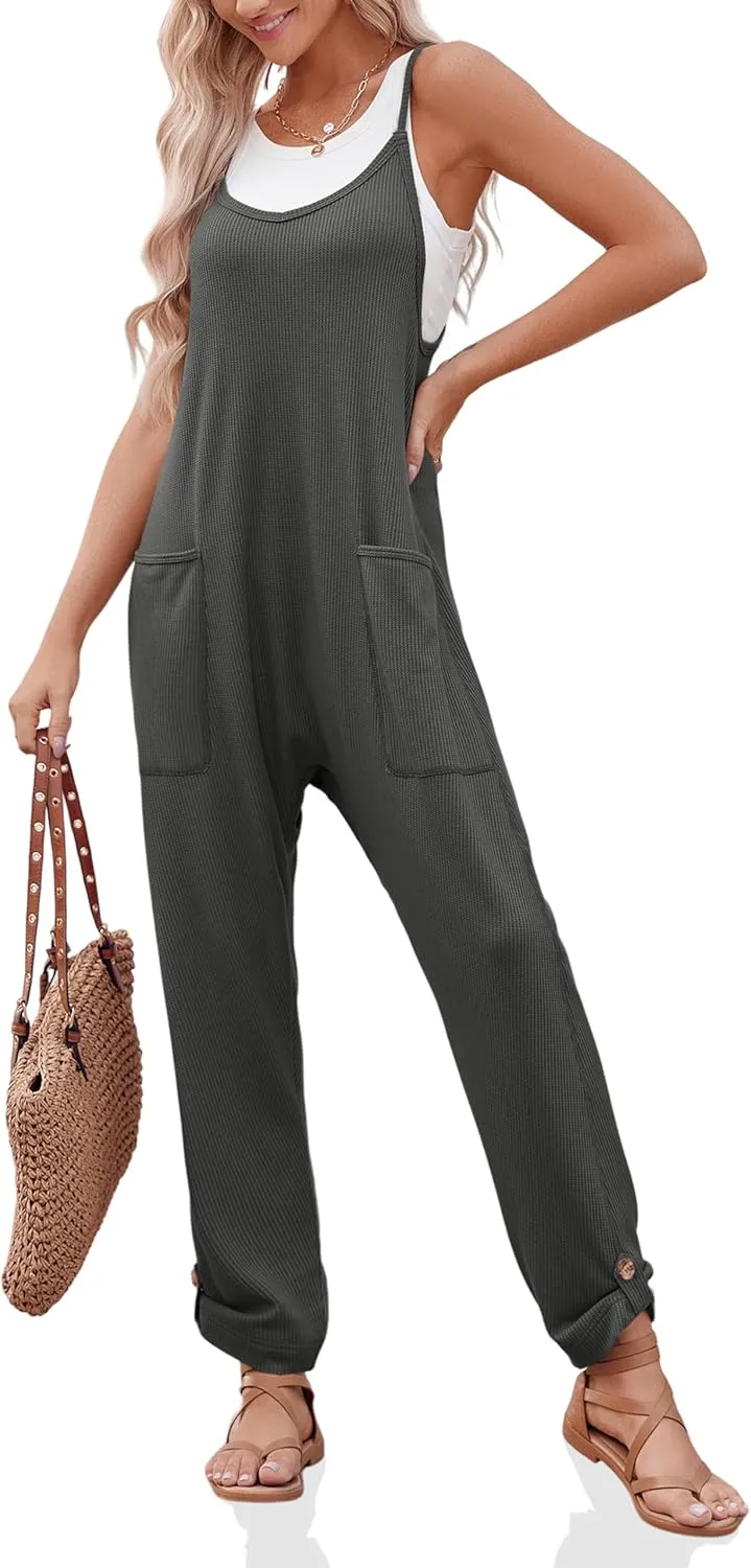 Cicy Bell Women's Casual Sleeveless Waffle Jumpsuits Loose Knit Spaghetti Strap Romper Long Pants with Pockets