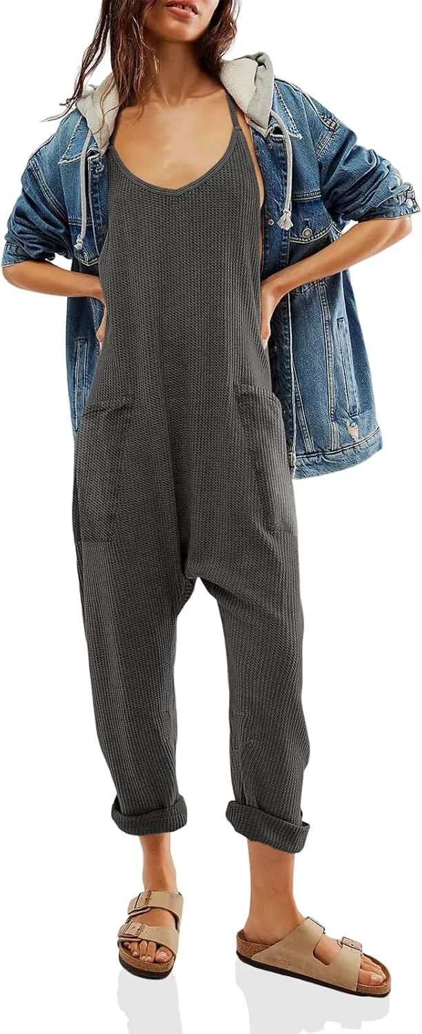 Cicy Bell Women's Casual Sleeveless Waffle Jumpsuits Loose Knit Spaghetti Strap Romper Long Pants with Pockets
