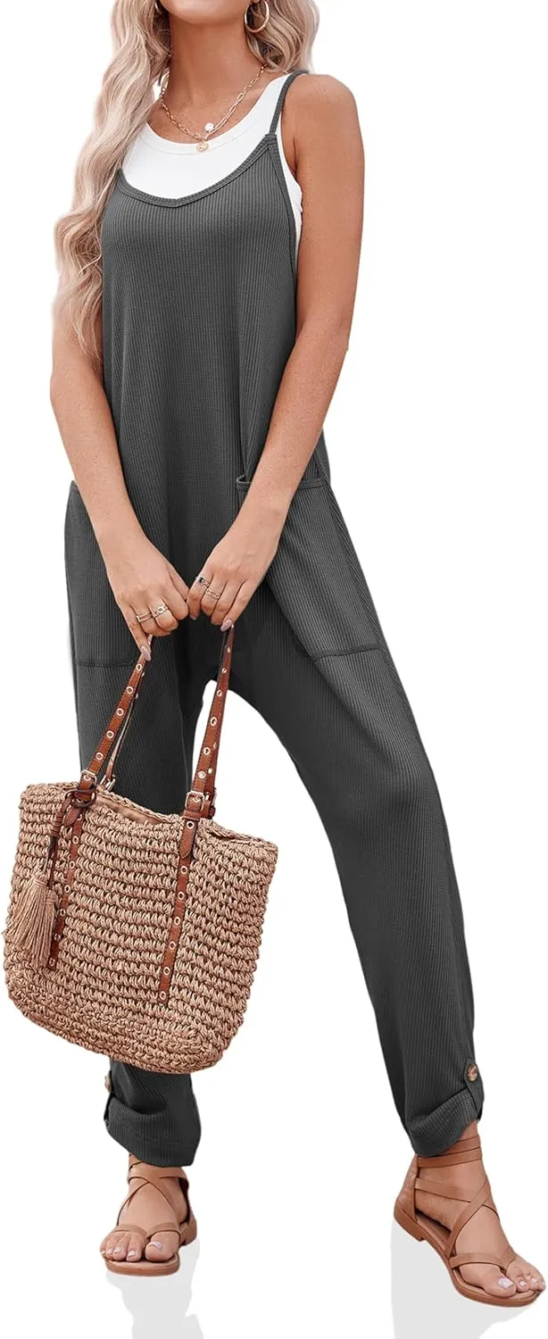 Cicy Bell Women's Casual Sleeveless Waffle Jumpsuits Loose Knit Spaghetti Strap Romper Long Pants with Pockets