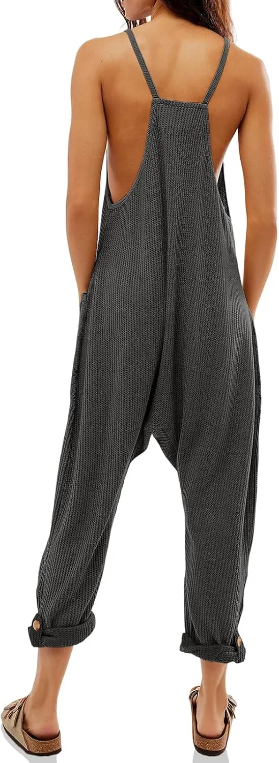 Cicy Bell Women's Casual Sleeveless Waffle Jumpsuits Loose Knit Spaghetti Strap Romper Long Pants with Pockets