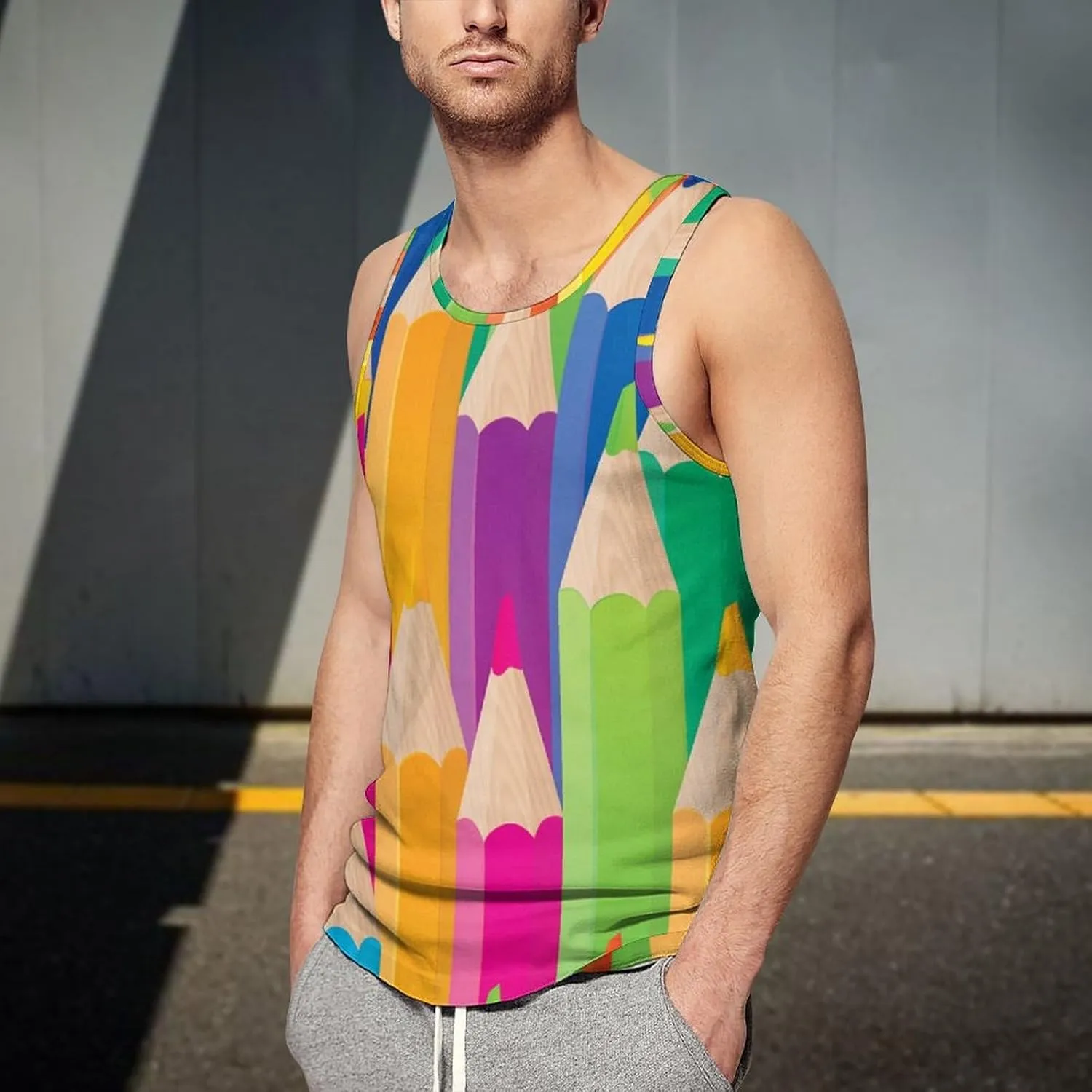 Colorful Pencils Pattern Men's Tank Tops Summer Sleeveless T-Shirts Gym Workout Tee Casual Beach Tee