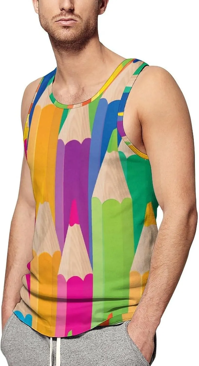 Colorful Pencils Pattern Men's Tank Tops Summer Sleeveless T-Shirts Gym Workout Tee Casual Beach Tee