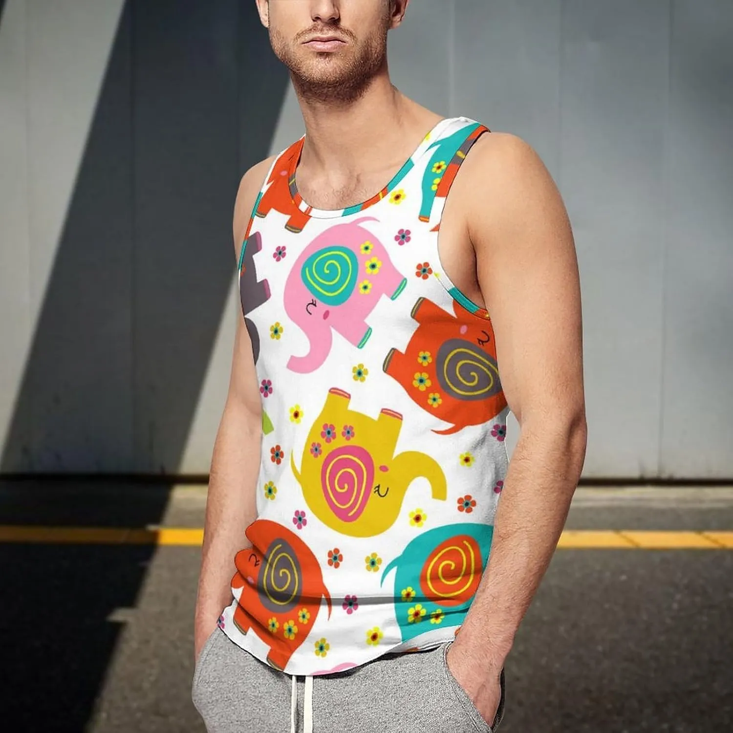 Colourful Elephants Men's Tank Tops Summer Sleeveless T-Shirts Gym Workout Tee Casual Beach Tee