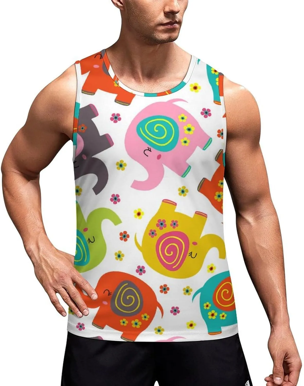 Colourful Elephants Men's Tank Tops Summer Sleeveless T-Shirts Gym Workout Tee Casual Beach Tee