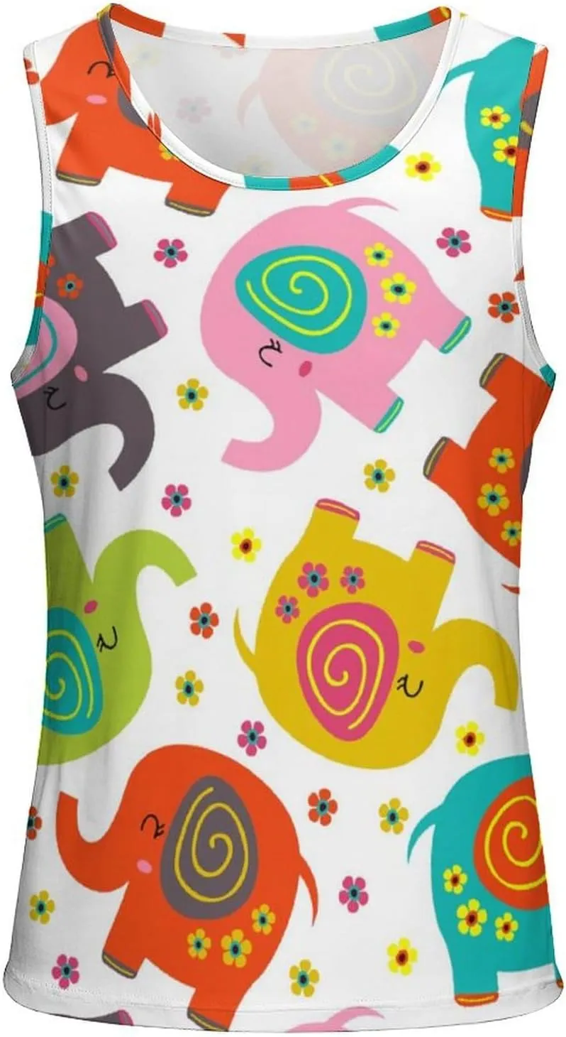 Colourful Elephants Men's Tank Tops Summer Sleeveless T-Shirts Gym Workout Tee Casual Beach Tee