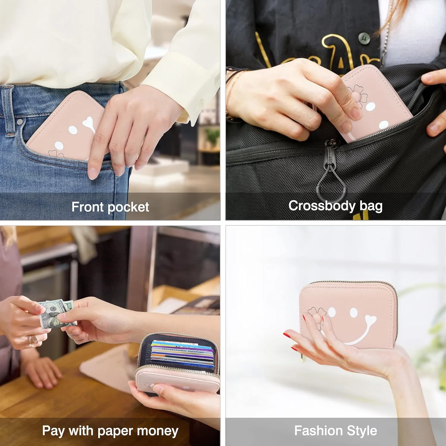 CONISY Cute Credit Card Holder for Women, RFID Leather Small Card Holder Wallet - Smiley
