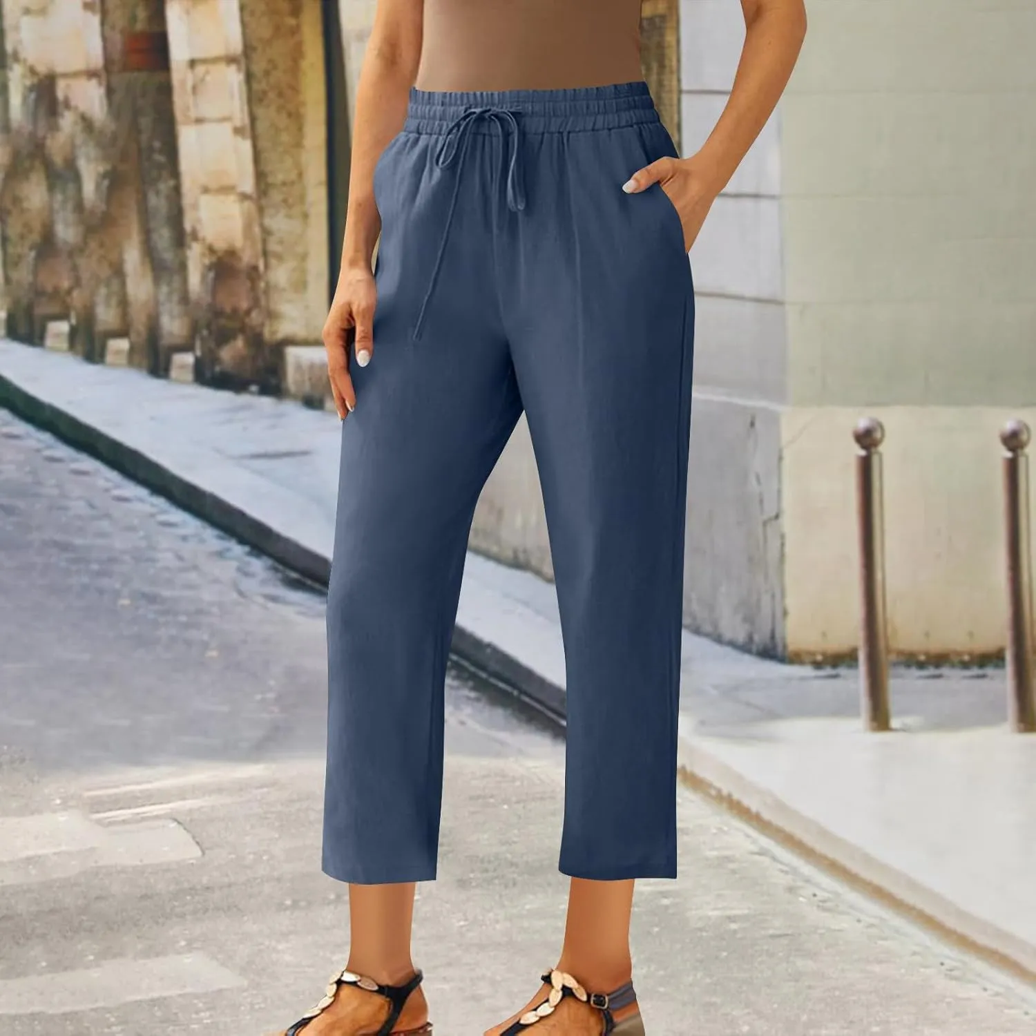 Cotton Linen Cropped Pants for Women High Waist Straight Leg Lounge Capris Casual Slacks Summer Trouser with Pockets