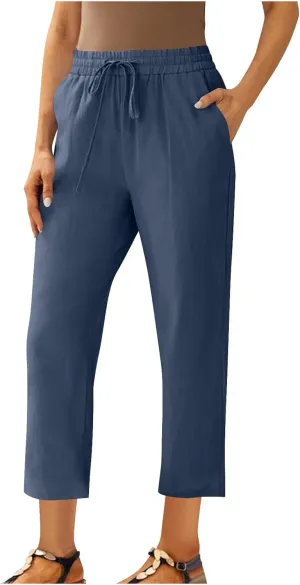 Cotton Linen Cropped Pants for Women High Waist Straight Leg Lounge Capris Casual Slacks Summer Trouser with Pockets