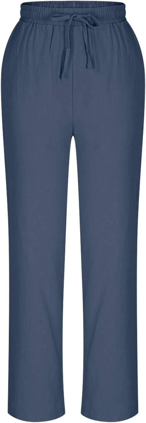 Cotton Linen Cropped Pants for Women High Waist Straight Leg Lounge Capris Casual Slacks Summer Trouser with Pockets