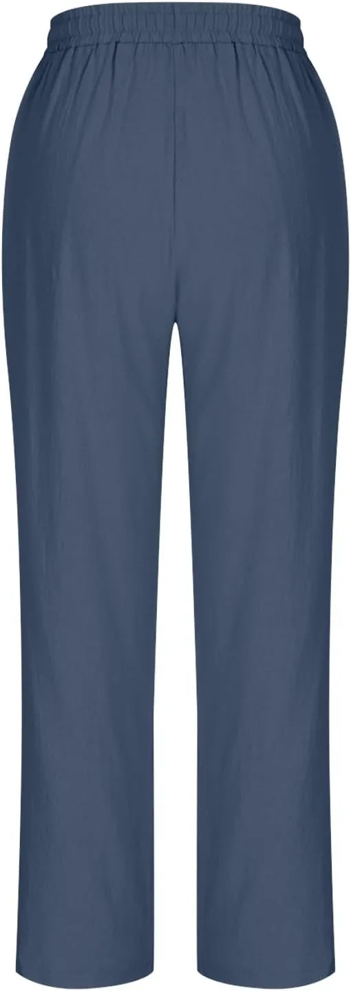 Cotton Linen Cropped Pants for Women High Waist Straight Leg Lounge Capris Casual Slacks Summer Trouser with Pockets