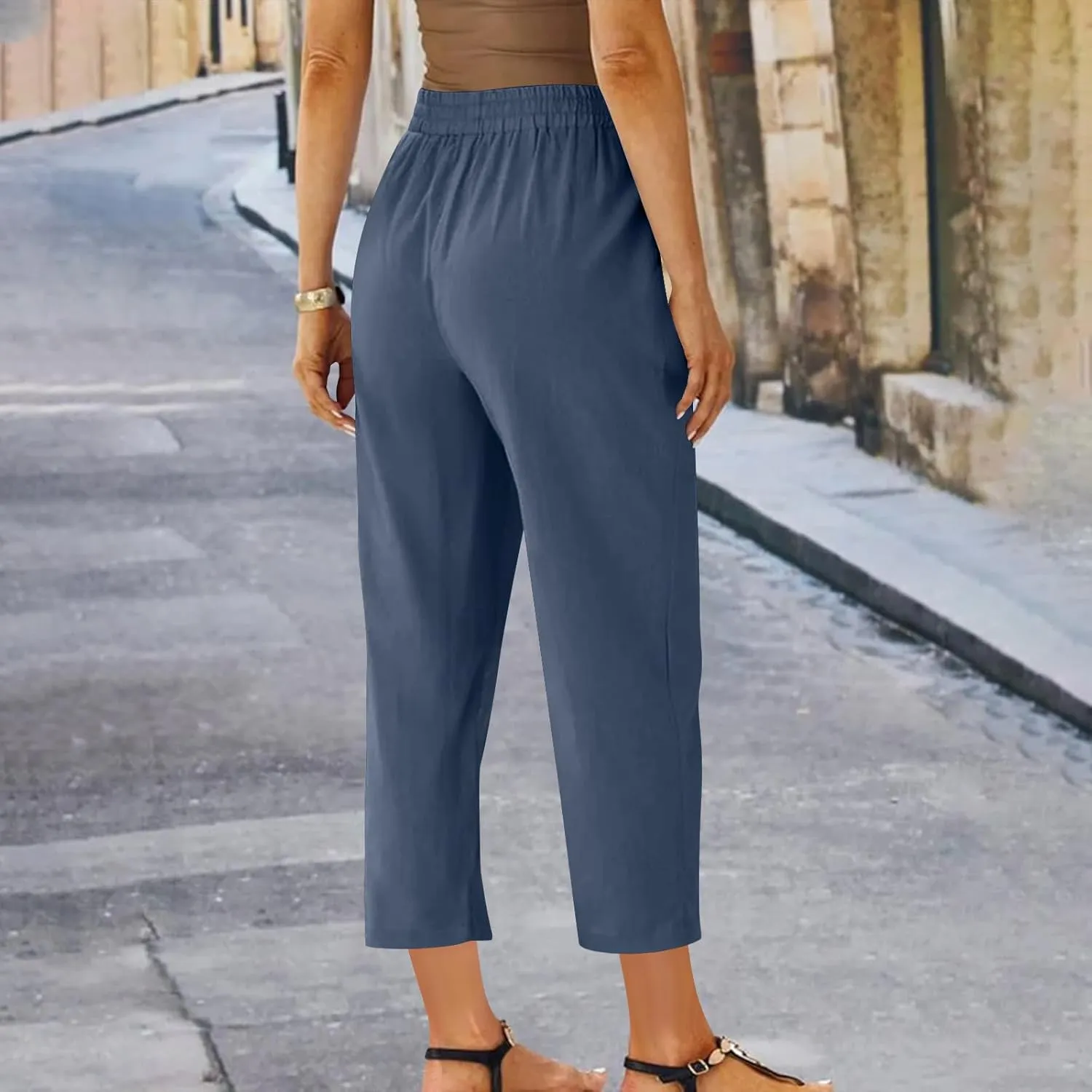 Cotton Linen Cropped Pants for Women High Waist Straight Leg Lounge Capris Casual Slacks Summer Trouser with Pockets