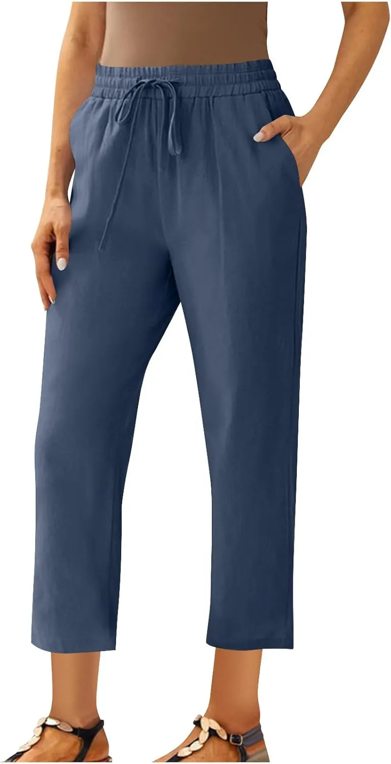 Cotton Linen Cropped Pants for Women High Waist Straight Leg Lounge Capris Casual Slacks Summer Trouser with Pockets