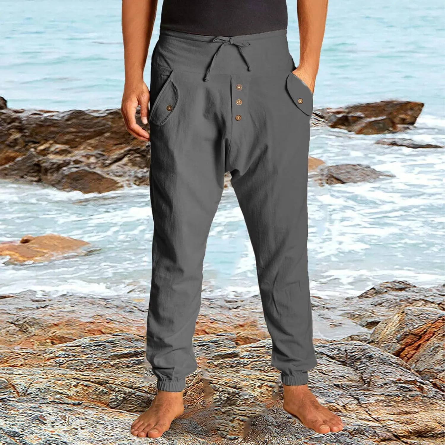 Cotton Linen Pants for Men High Rise Stretch Pants Loose Fit Simple Trousers Casual Trousers with Button Decoration