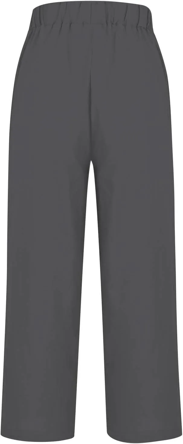 Cotton Linen Pants Women Elastic High Waist Straight Leg Lounge Pant Loose Casual Slacks Summer Trouser with Pockets