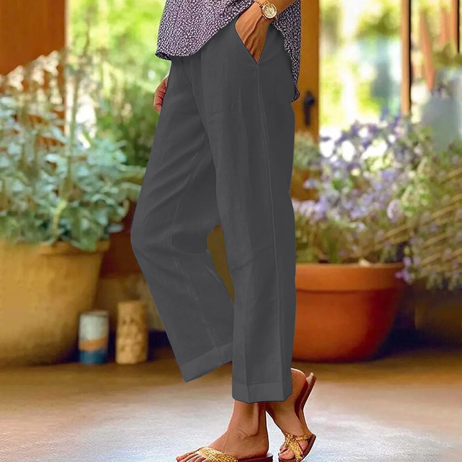 Cotton Linen Pants Women Elastic High Waist Straight Leg Lounge Pant Loose Casual Slacks Summer Trouser with Pockets