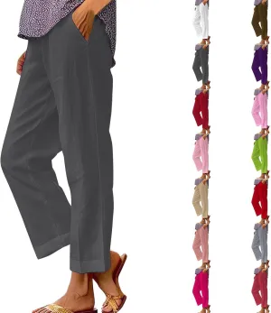 Cotton Linen Pants Women Elastic High Waist Straight Leg Lounge Pant Loose Casual Slacks Summer Trouser with Pockets