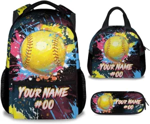 Custom Backpack Set - Softball Backpacks for Girls - Kids Bookbag for Elementary Middle School - Personalized School Bag with Lunch Box & Pencil Case
