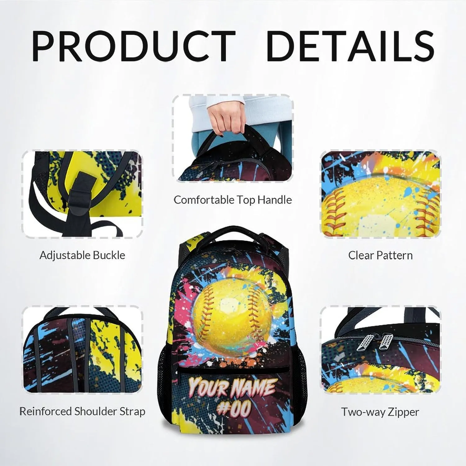 Custom Backpack - Softball Backpacks for Girls - 17 Inch Sports Theme Bookbag for Elementary Middle School - Casual School Bag for Kids Teens