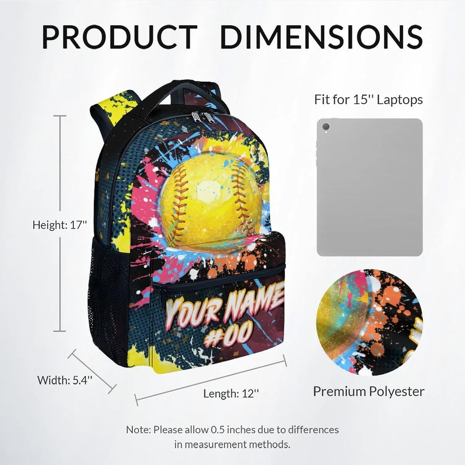 Custom Backpack - Softball Backpacks for Girls - 17 Inch Sports Theme Bookbag for Elementary Middle School - Casual School Bag for Kids Teens