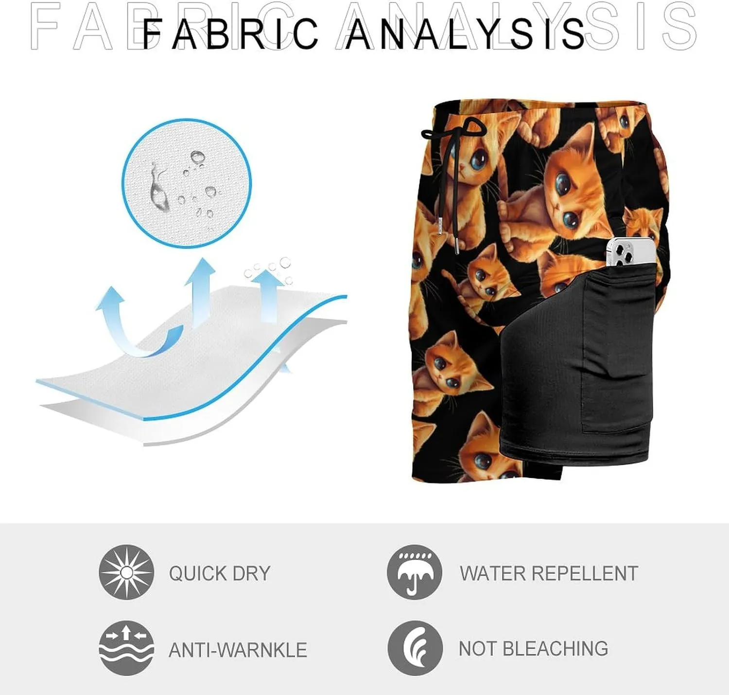 Cute Sad Cat Casual Beach Shorts for Men Elastic Waist Drawstring Swim Shorts With Compression Liner