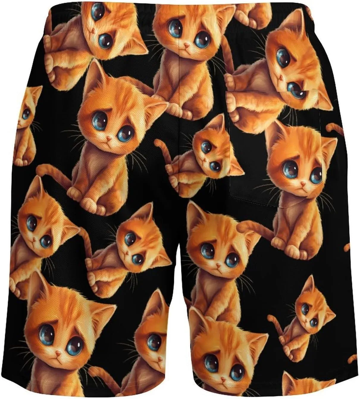Cute Sad Cat Casual Beach Shorts for Men Elastic Waist Drawstring Swim Shorts With Compression Liner