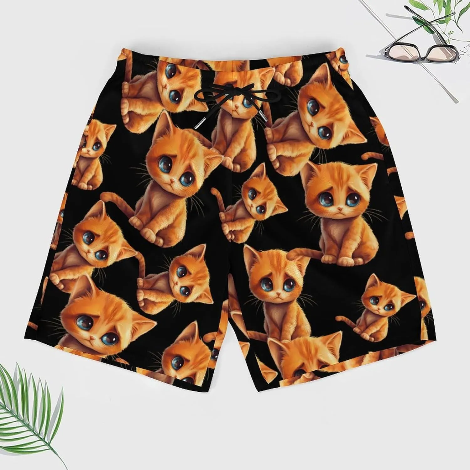 Cute Sad Cat Casual Beach Shorts for Men Elastic Waist Drawstring Swim Shorts With Compression Liner