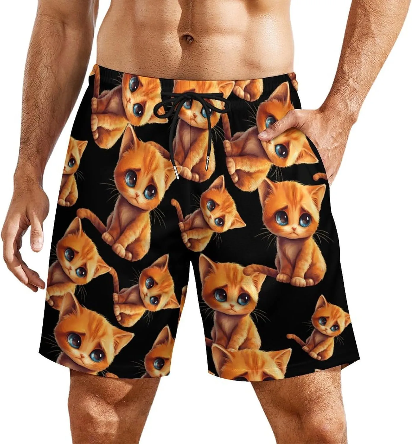 Cute Sad Cat Casual Beach Shorts for Men Elastic Waist Drawstring Swim Shorts With Compression Liner