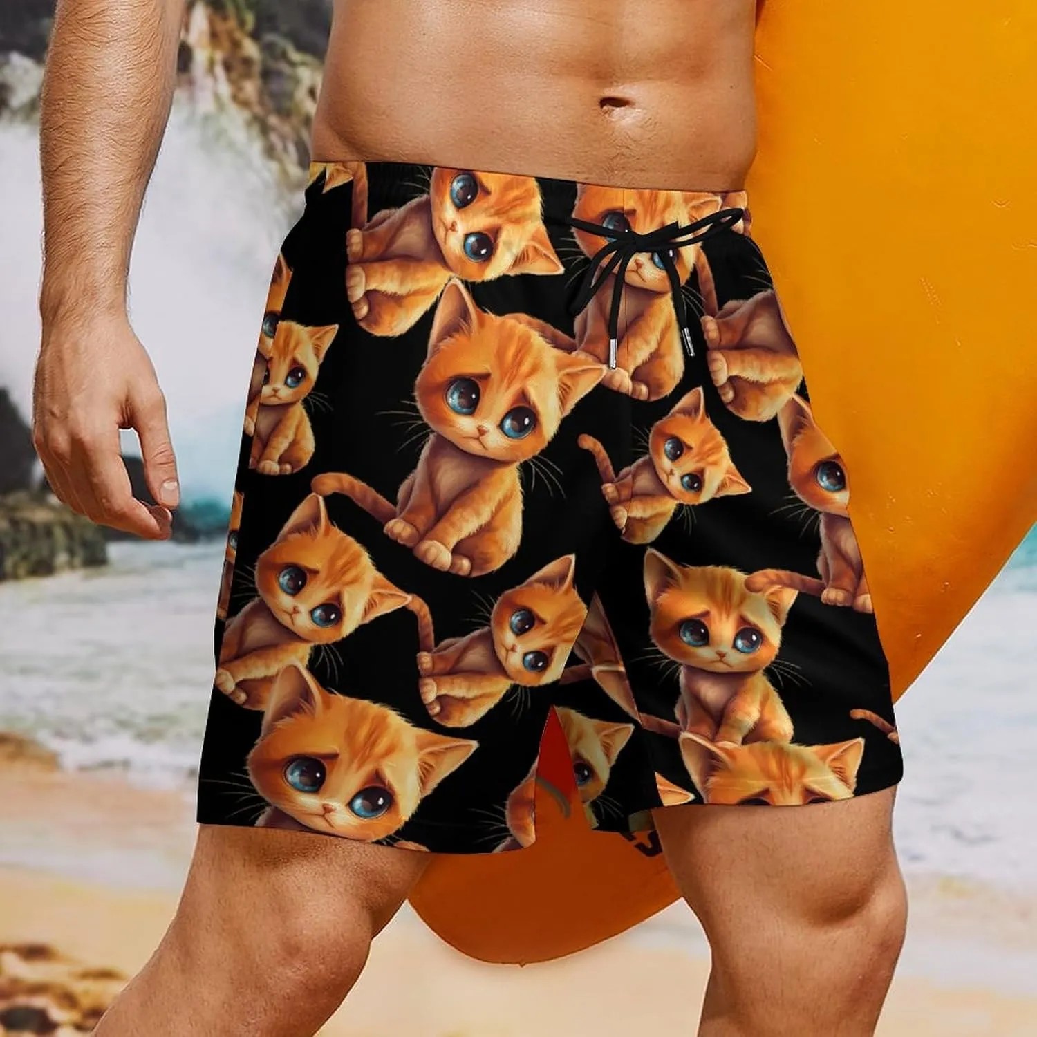 Cute Sad Cat Casual Beach Shorts for Men Elastic Waist Drawstring Swim Shorts With Compression Liner