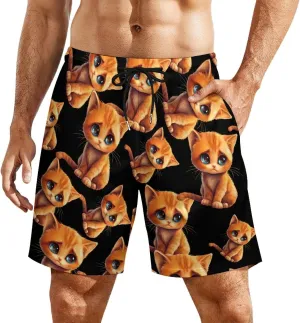 Cute Sad Cat Casual Beach Shorts for Men Elastic Waist Drawstring Swim Shorts With Compression Liner