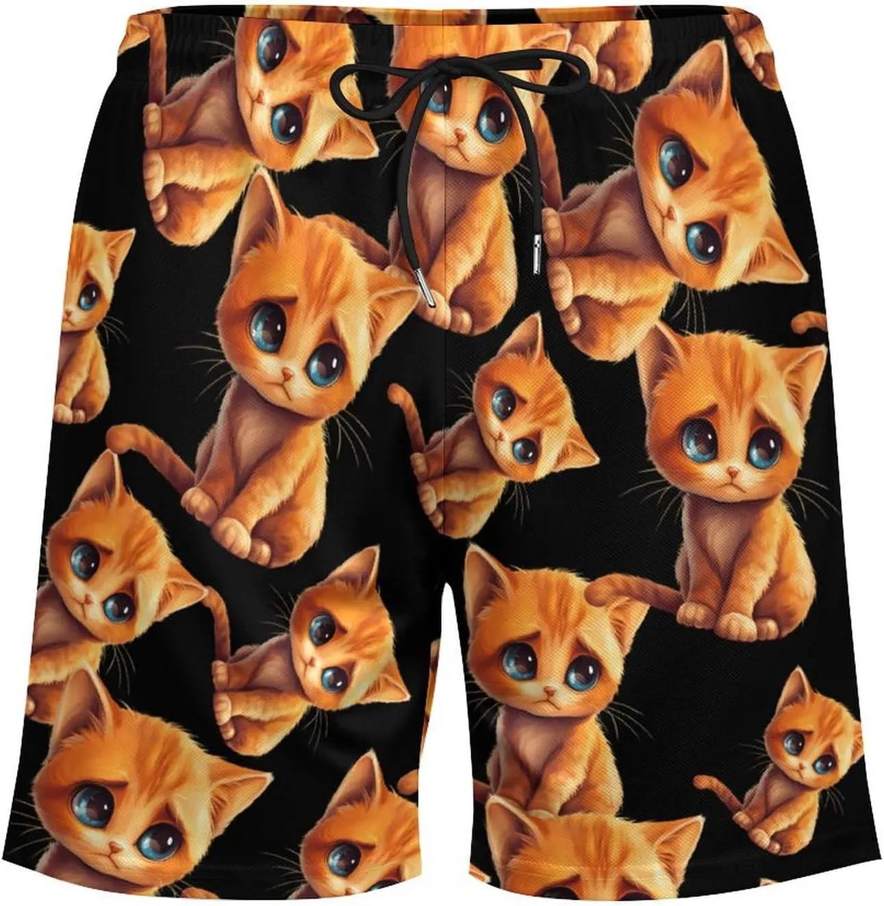 Cute Sad Cat Casual Beach Shorts for Men Elastic Waist Drawstring Swim Shorts With Compression Liner