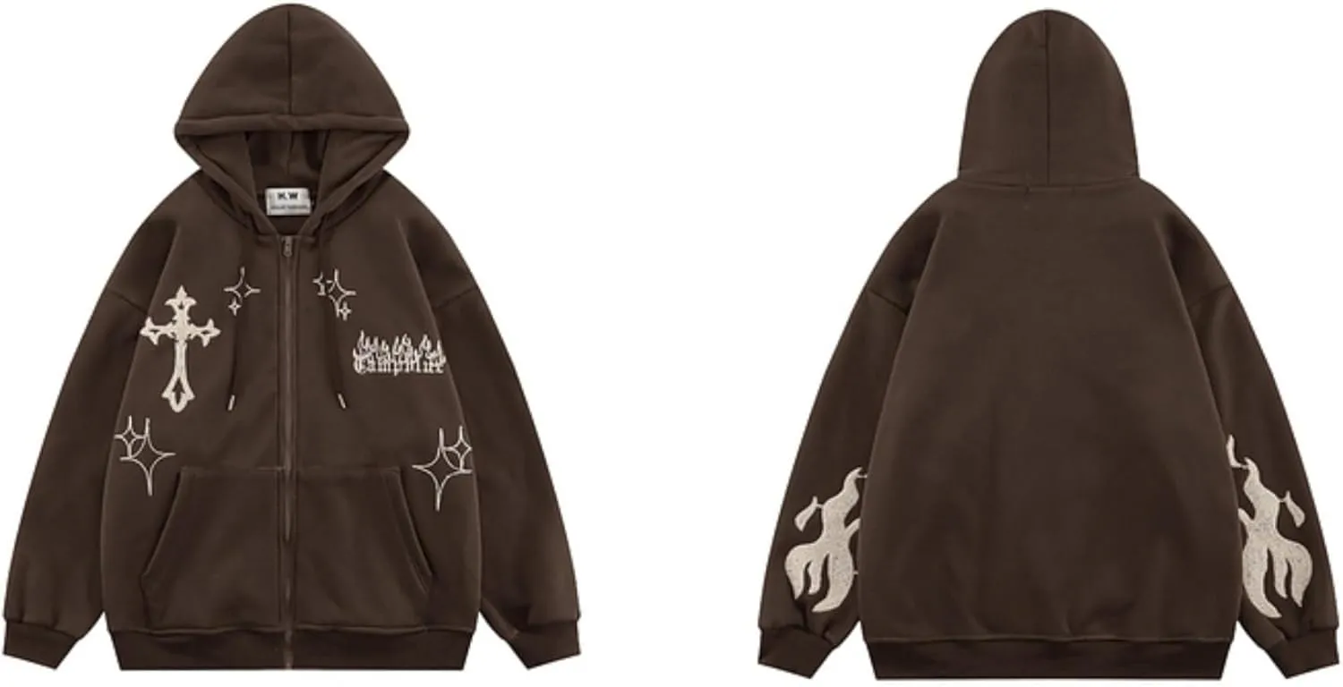CUTEGAL Aesthetic Y2K Gothic Graphic Flame Cross Print Streetwear Oversized Unisex 2023AW Hoodie