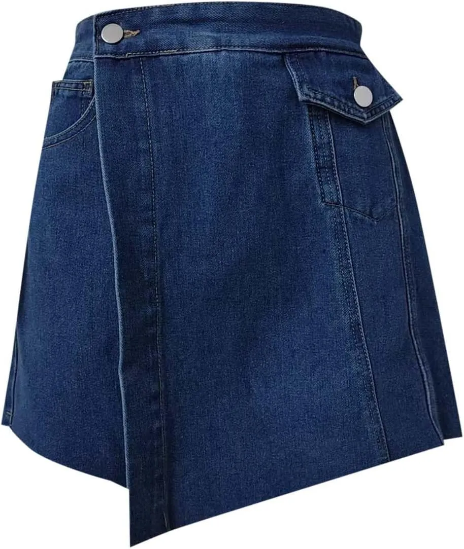 DDAPJ pyju Jean Skorts for Woman High Waisted Pull On Casual Denim Skort Asymmetrical Mini Skirts with Shorts and Pockets