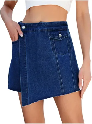 DDAPJ pyju Jean Skorts for Woman High Waisted Pull On Casual Denim Skort Asymmetrical Mini Skirts with Shorts and Pockets