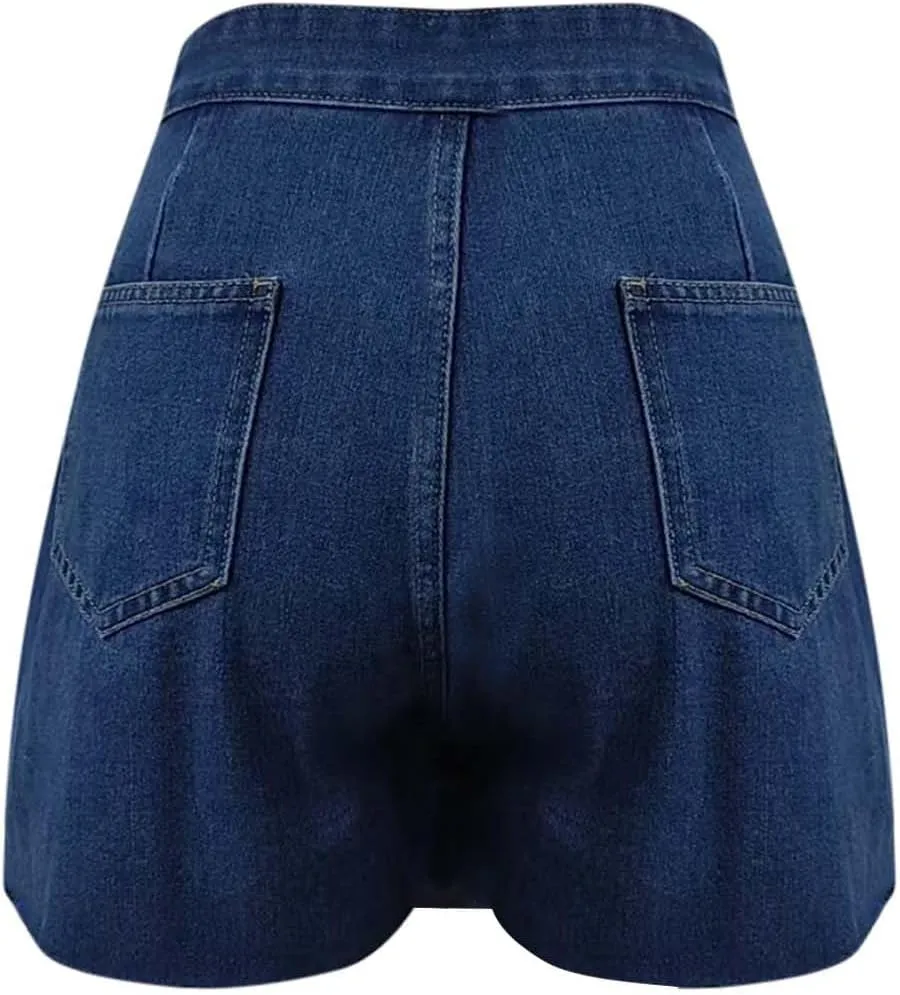 DDAPJ pyju Jean Skorts for Woman High Waisted Pull On Casual Denim Skort Asymmetrical Mini Skirts with Shorts and Pockets