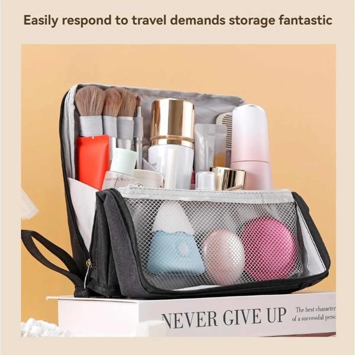 Doresty Makeup Bag, Doresty Standing Makeup Bag  Portable, Large Capacity, Quilted Toiletry Case for Women, Waterproof Multifunctional Make up Bags (Black)