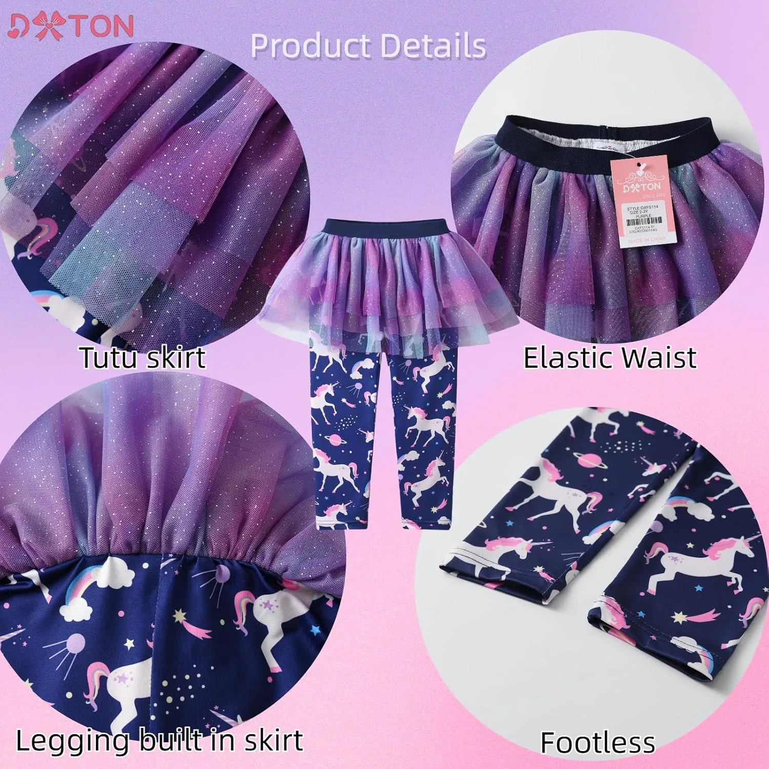 DXTON Kid Girls Leggings with Skirt Toddler Girl Printed Tutu Skirt Pant Birthday Party 3-12 Years
