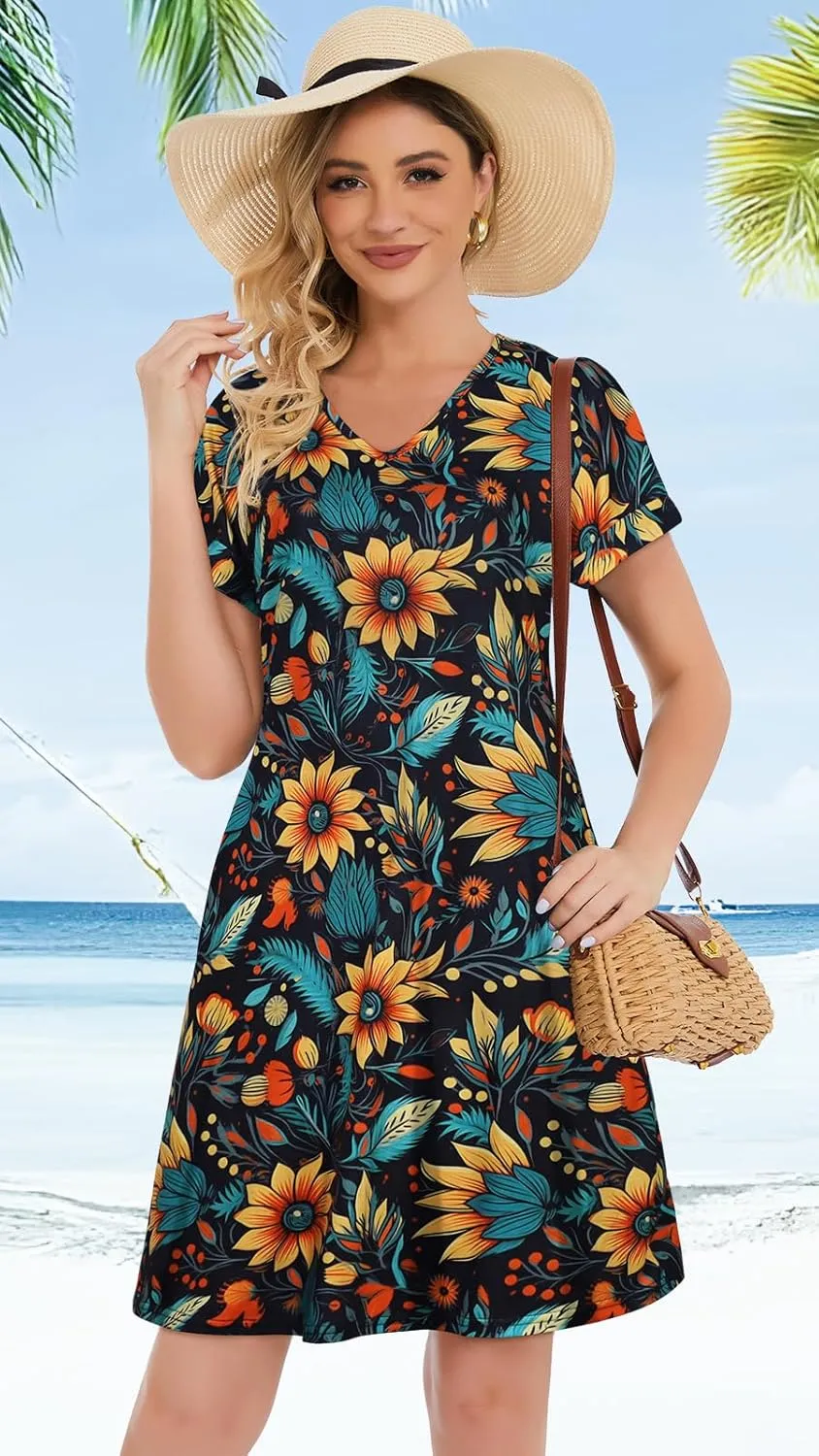 elescat Summer Dresses for Women V Neck Short Sleeve Flowy Tshirt Dress Casual Loose Sundress with Pockets