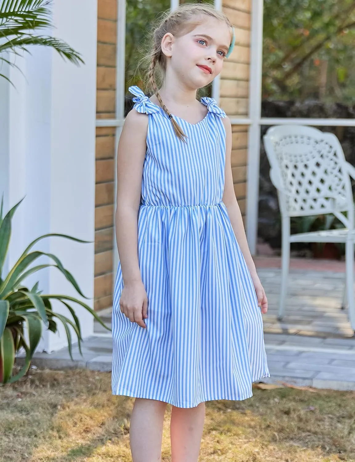 Enlifety 3-10T Girls Dresses Sleeveless Summer Dress Bowknot Strap V Neck Sundress