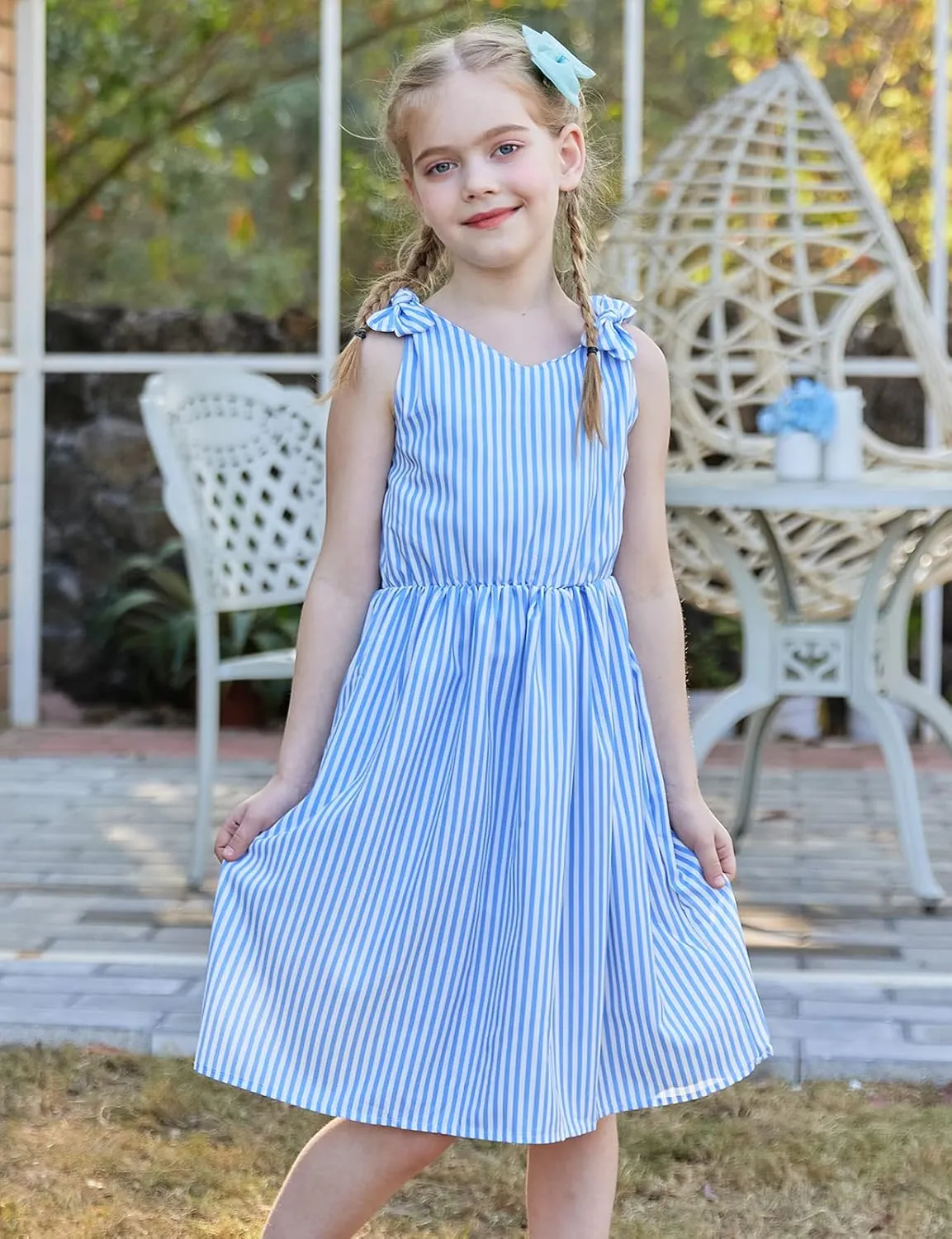 Enlifety 3-10T Girls Dresses Sleeveless Summer Dress Bowknot Strap V Neck Sundress