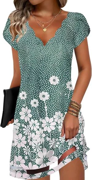 ETCYY NEW Womens Summer Dresses Mesh Hem Petal Short Sleeve Dress Floral Print Daily Sundresses with Pockets