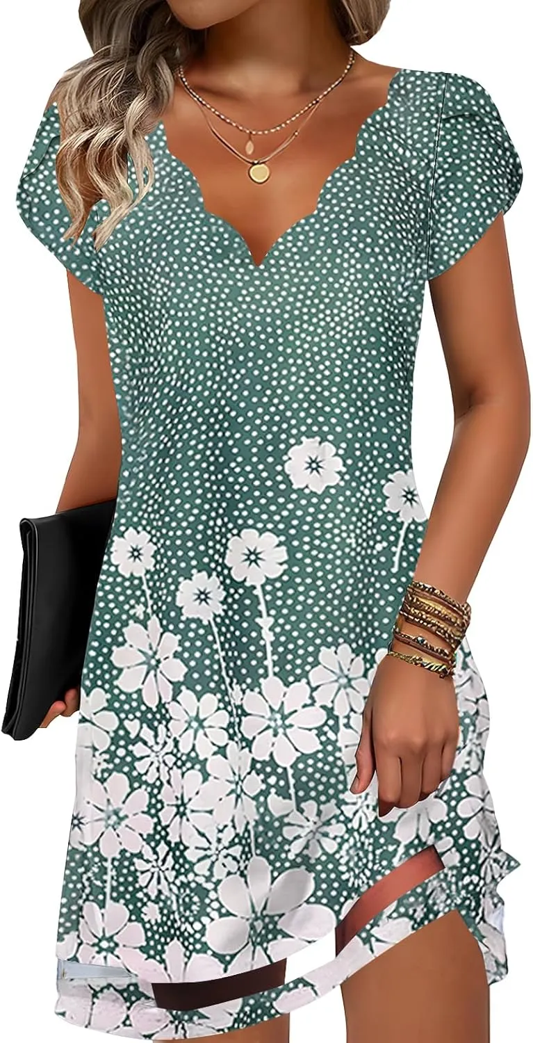 ETCYY NEW Womens Summer Dresses Mesh Hem Petal Short Sleeve Dress Floral Print Daily Sundresses with Pockets