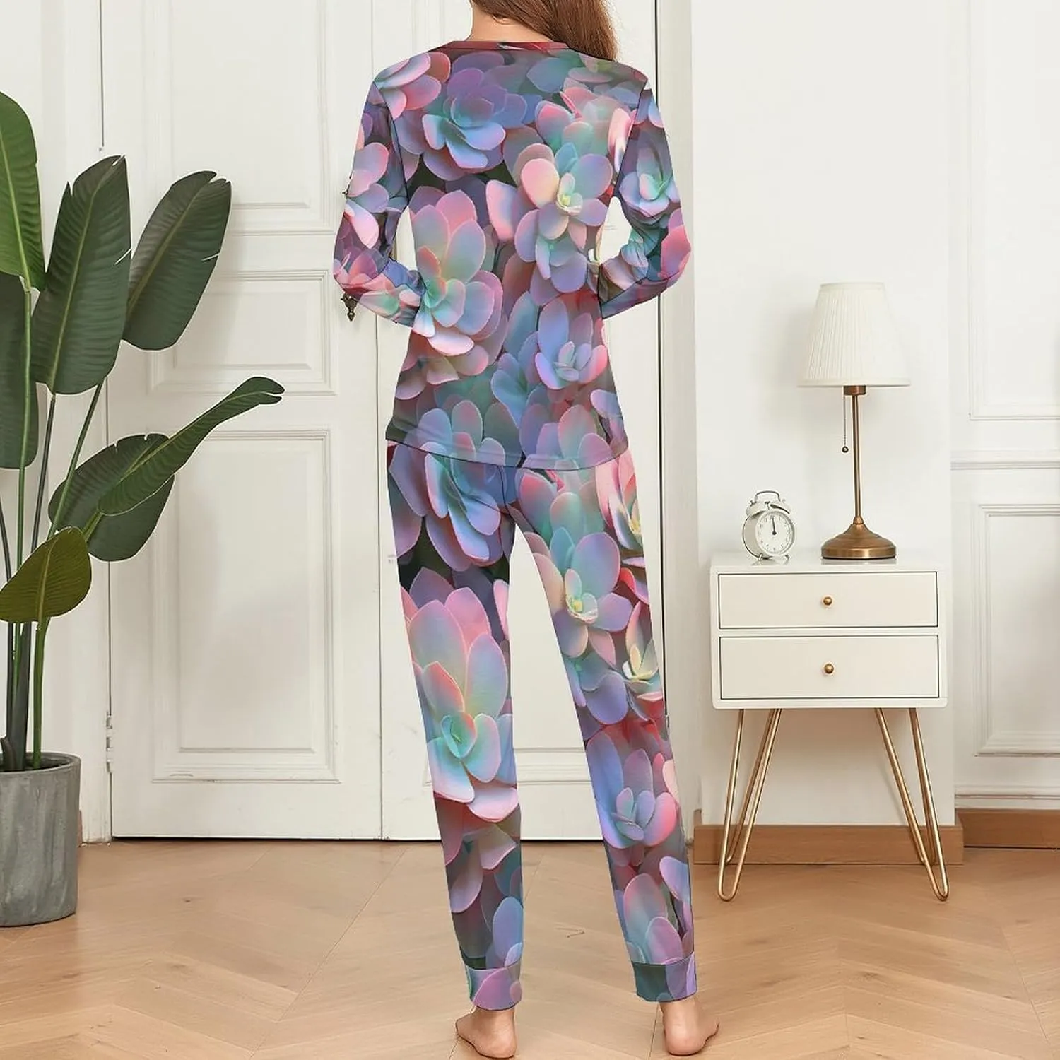 Fantasy Succulent Plants Women's Pajama Set Long Sleeve T-shirts Top & Pant Comfort Sleepwear Loungewear