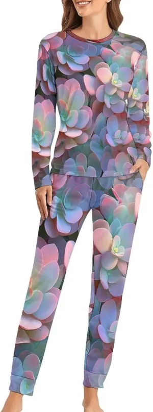 Fantasy Succulent Plants Women's Pajama Set Long Sleeve T-shirts Top & Pant Comfort Sleepwear Loungewear