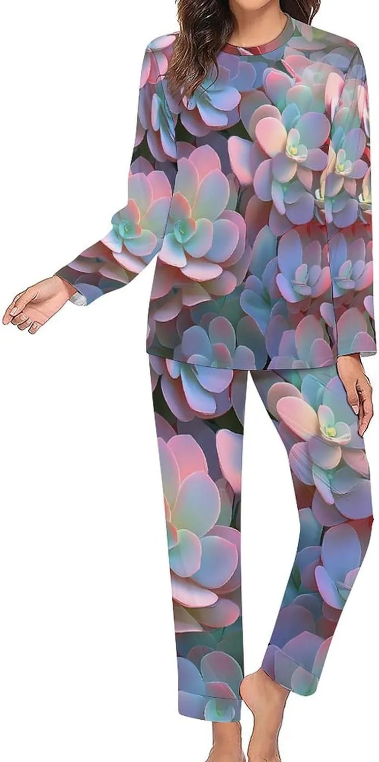 Fantasy Succulent Plants Women's Pajama Set Long Sleeve T-shirts Top & Pant Comfort Sleepwear Loungewear