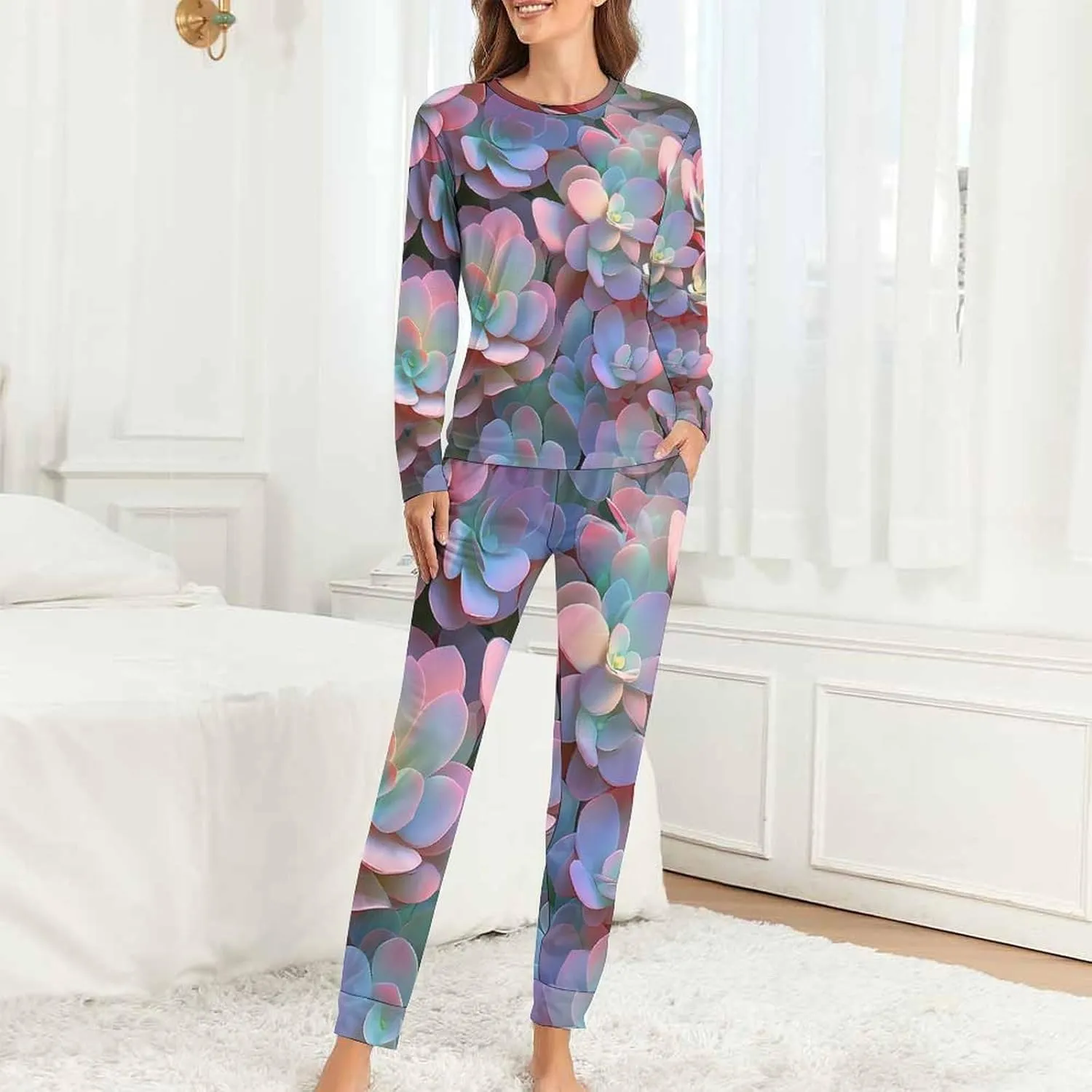 Fantasy Succulent Plants Women's Pajama Set Long Sleeve T-shirts Top & Pant Comfort Sleepwear Loungewear