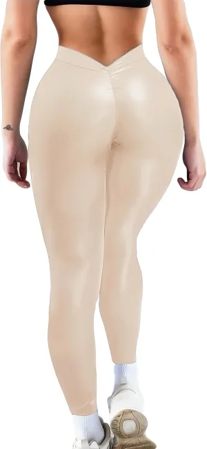 Faux Leather V-Back Leggings for Women High Waisted Tummy Control Sexy Fashion Ruched Butt Stretch Pu Pleather Tights