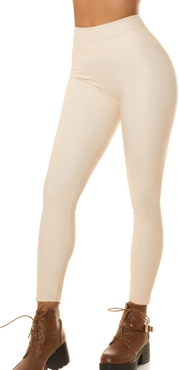 Faux Leather V-Back Leggings for Women High Waisted Tummy Control Sexy Fashion Ruched Butt Stretch Pu Pleather Tights