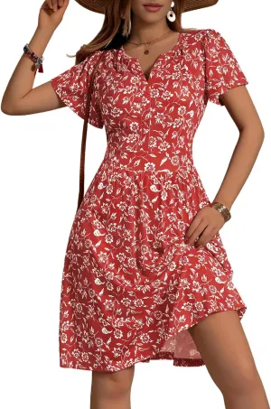 FENSACE Summer Short Sleeve V Neck Dress A Line Elegant Floral Midi Sundresses with Pockets